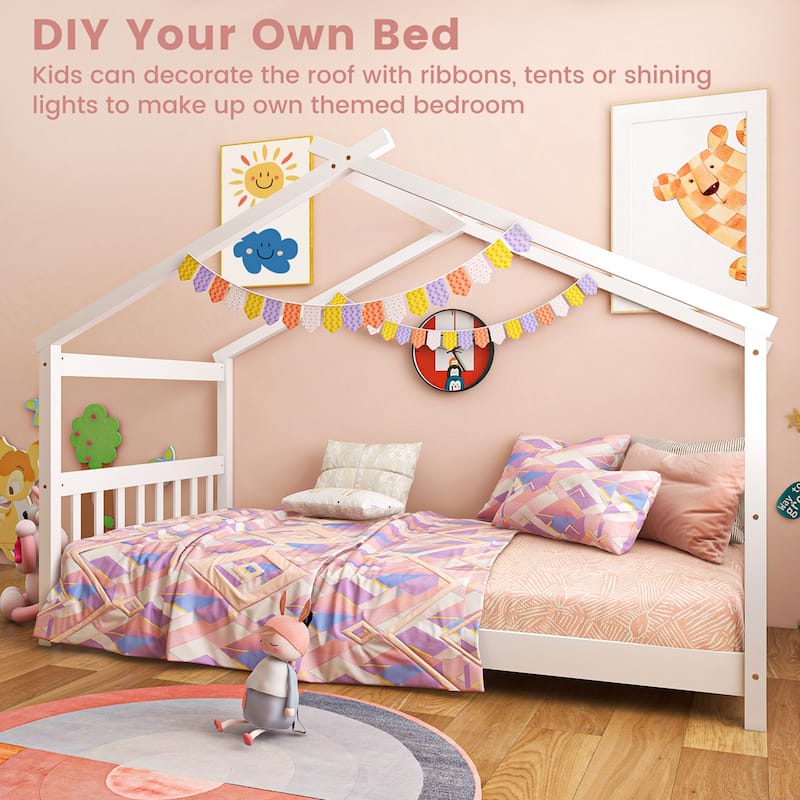 Costway Twin Size House Bed with Roof Wooden Low Floor Bed No Box