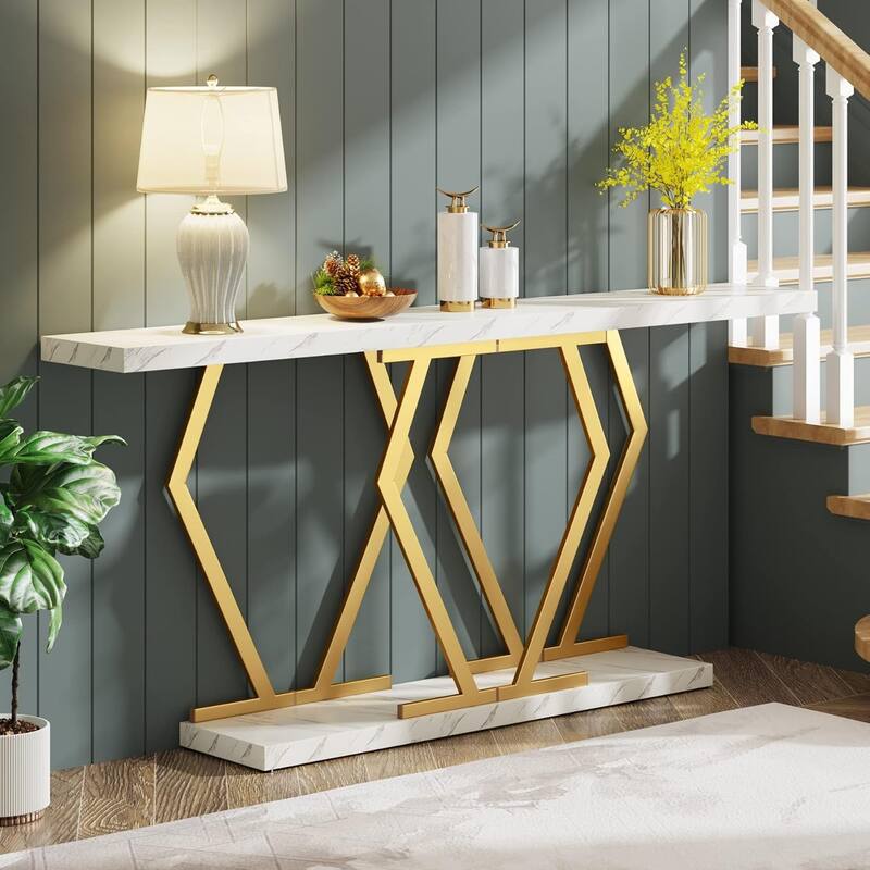 70.9 Inch Extra Long Sofa Console Table Faux Marble Tabletop Metal Frame Modern Style for Living Room/Entryway/Hallway
