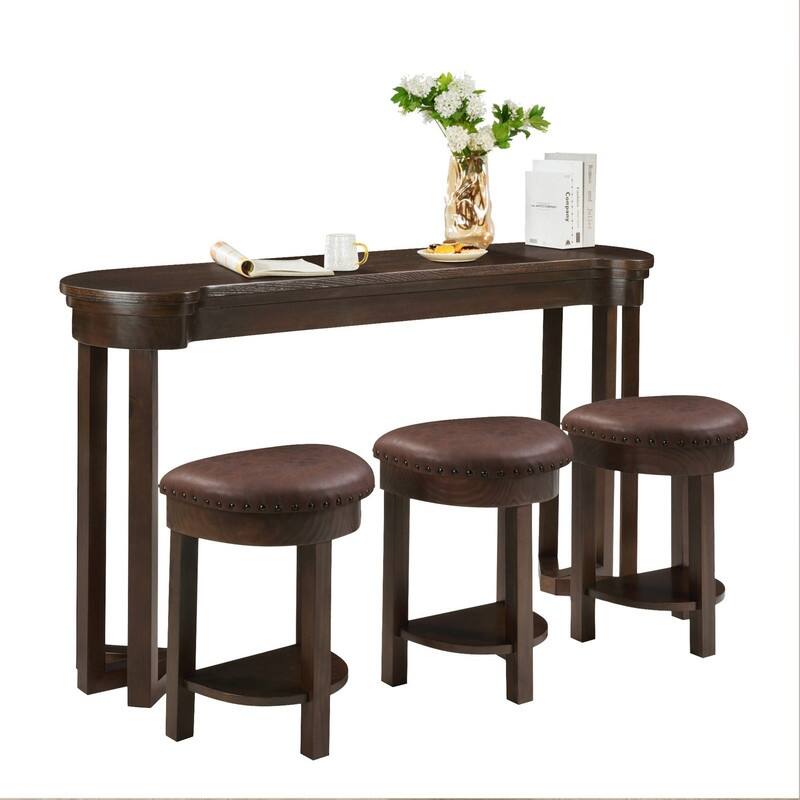 4-Piece Bar Table Set with Solid Pine Wood Legs and PU Upholstered Stools for Dining and Entertaining