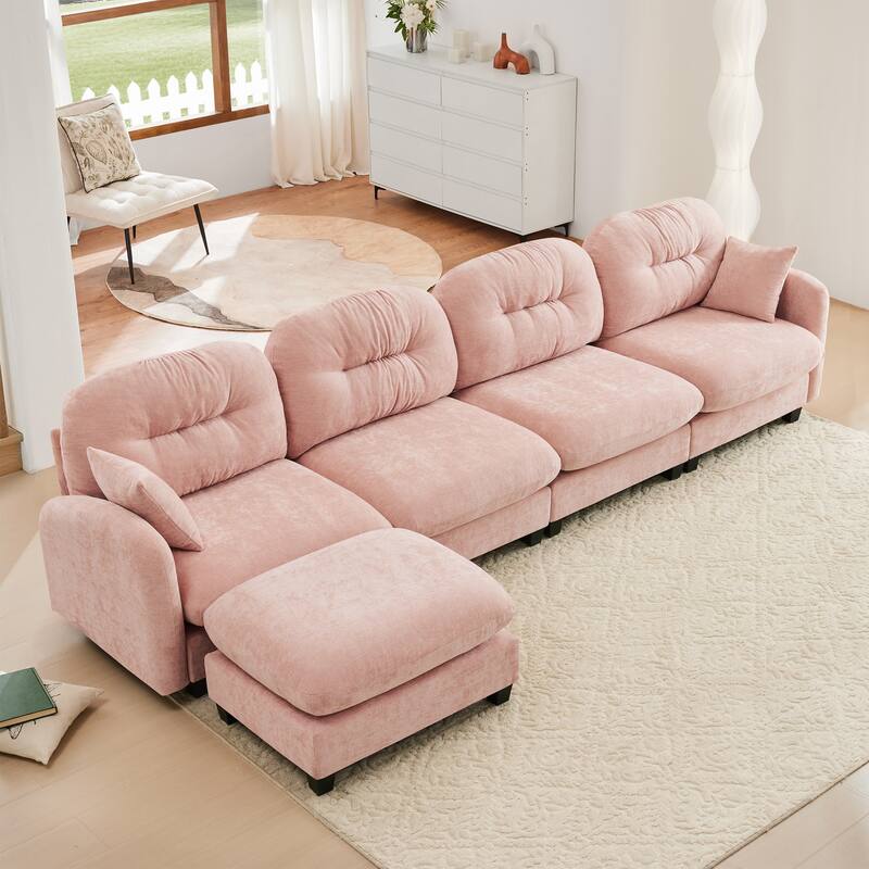 Modular Chenille Tufted Sofas Fits Bedroom, Living Rooms - Pink(4 Seat+1 Ottoman)