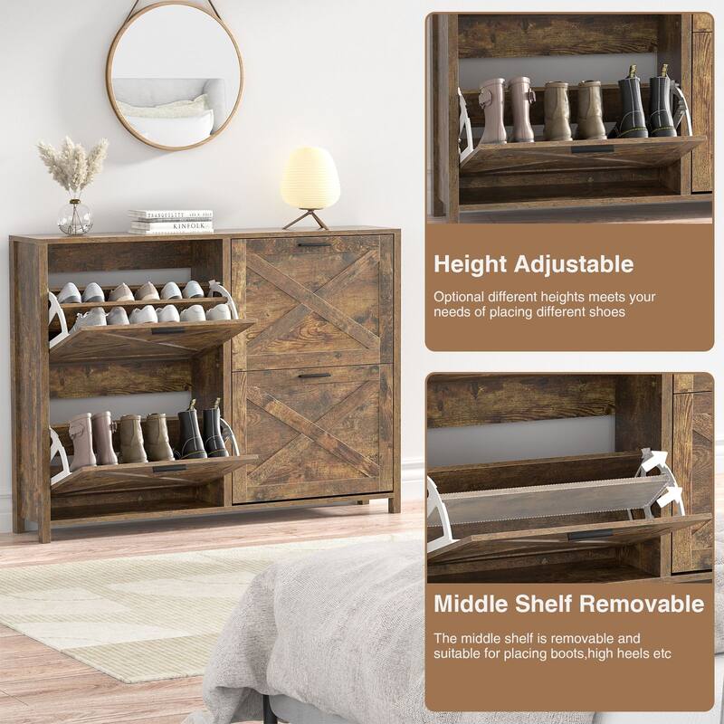 Farmhouse Shoe Cabinet with 4 Flip Drawers - Entryway Shoe Storage