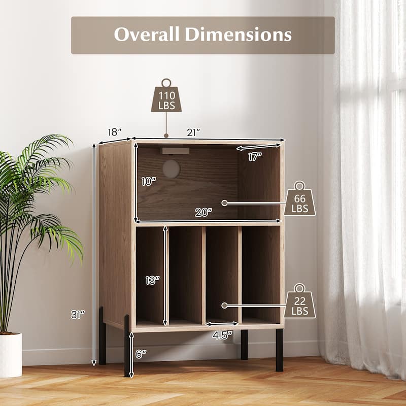 Gymax Record Player Stand w/Charging Station 5 Storage Compartments
