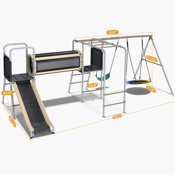Hapfan 660lbs 6-in-1 Swing Set with Slide,Crawl Tunnel and Monkey
