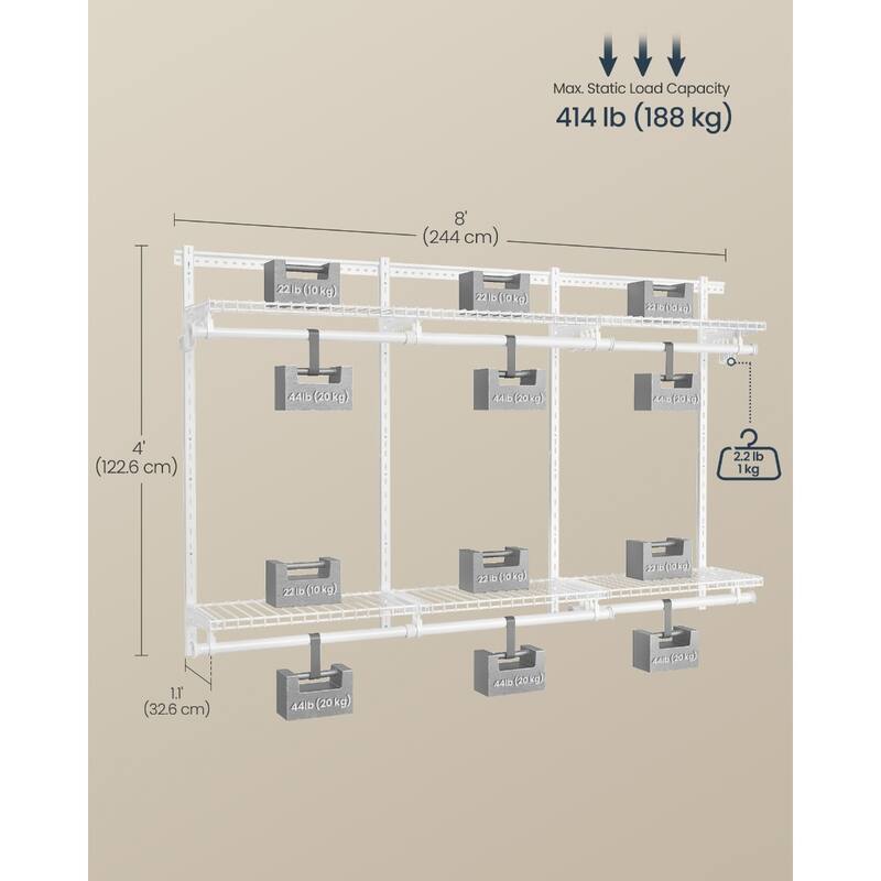 Closet System, 2-4 ft, with 2 Hanging Rods, 2 Shelves, Cloud White - Multi