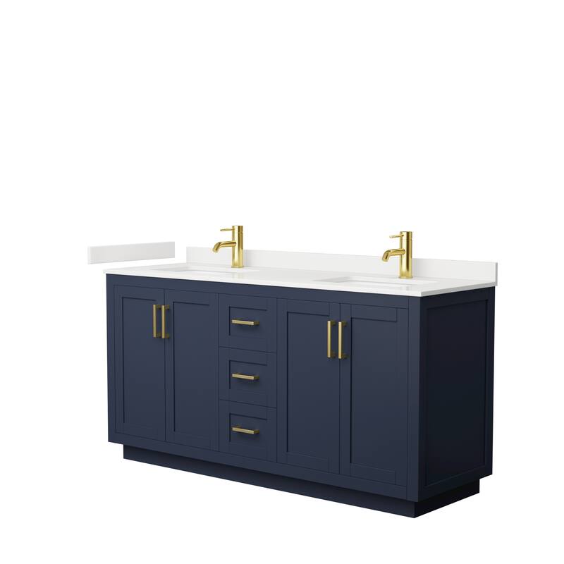 Miranda 66-inch Double Vanity, Quartz Top - Dark Blue, Gold Trim, White Quartz Top