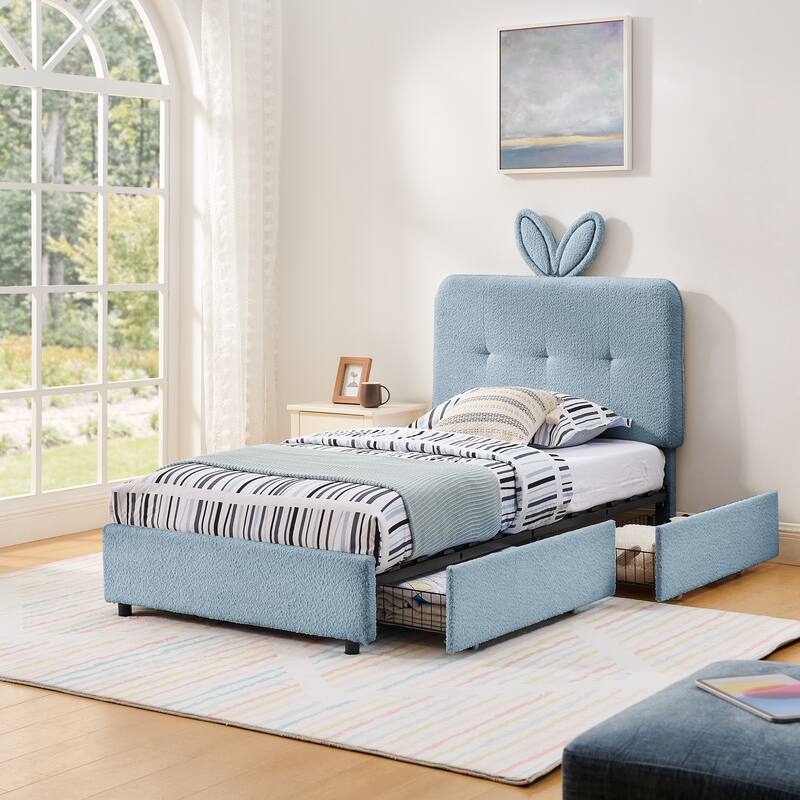 Kids Boucle Upholstered Bed with Rabbit Ear Headboard, LED Music Sync & 4 Drawers