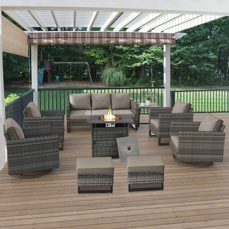 Patio Sofa Swivel Chair Club Chair with Fire Pit Table - Grey - Grey