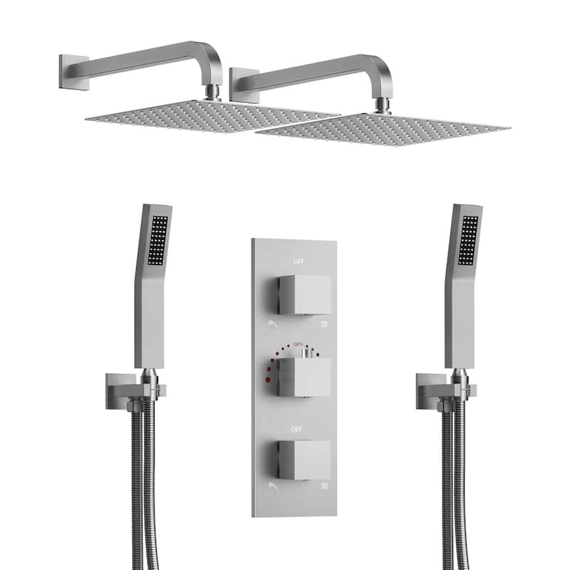 GRANDJOY 12 inch Wall Mounted Dual Shower Heads with Handheld Spray Combo Thermostatic High Pressure Shower System
