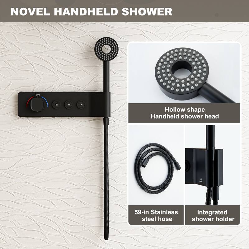 3-Spray Shower Faucet Set 10" Wall Mounted Thermostatic Shower Head with Body Jets and Handheld Shower in Matte Black