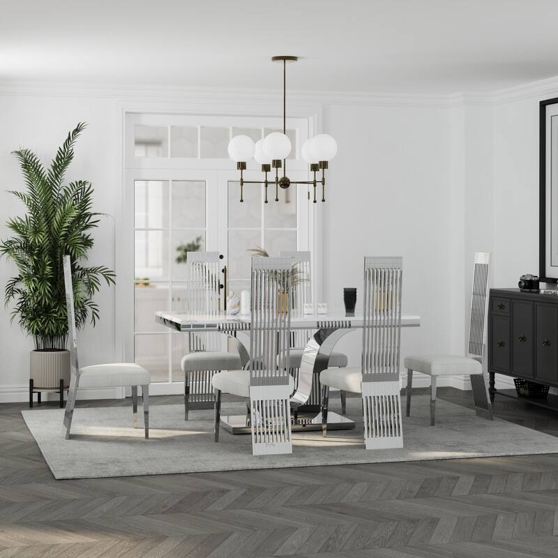 Faux Mable Dining Table Set with White Boucle and High Back Chairs