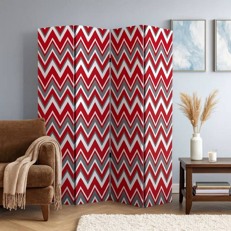 3 Panel Foldable Canvas Screen with Chevron Print, Red and White - 6 x 12