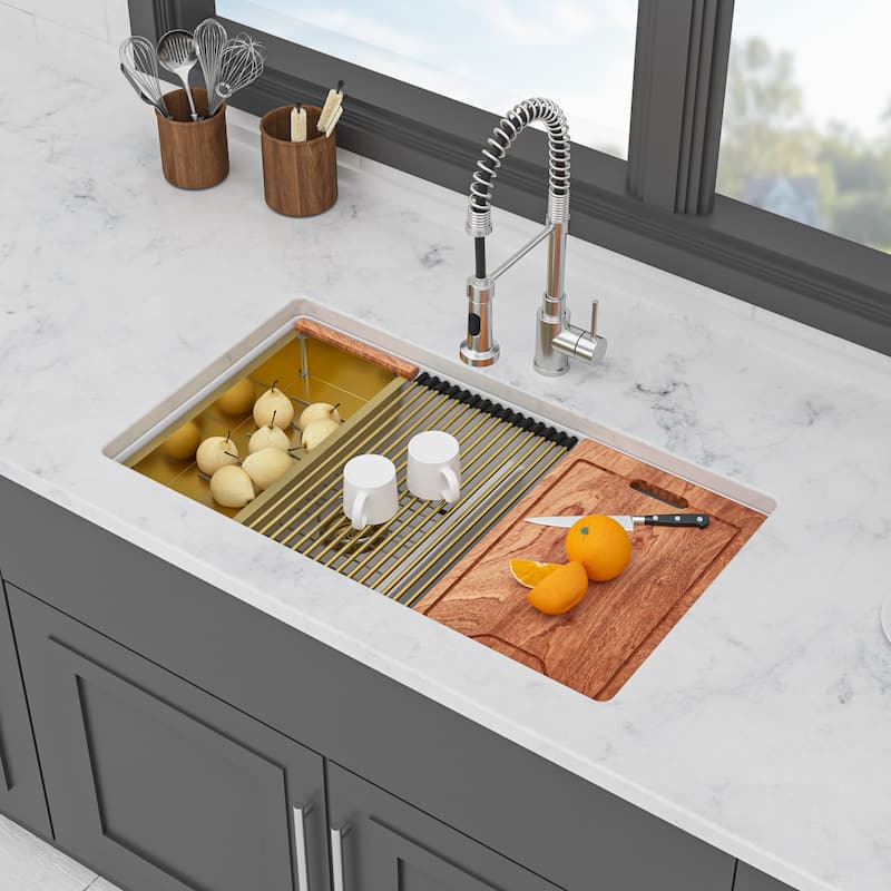 Undermount Double Bowl Quartz Kitchen Sink in White - 33'' x 19'' x 9.65''