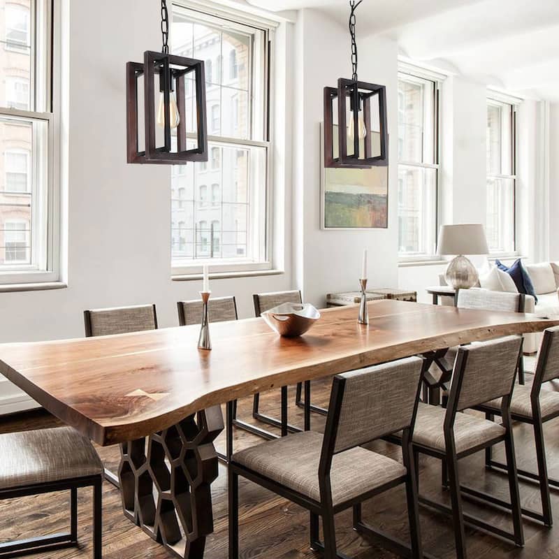 Anmytek Rustic Farmhouse Pendant Light Fixtures 1-Light Industrial Metal Wood Chandelier for Dining Room Kitchen Island
