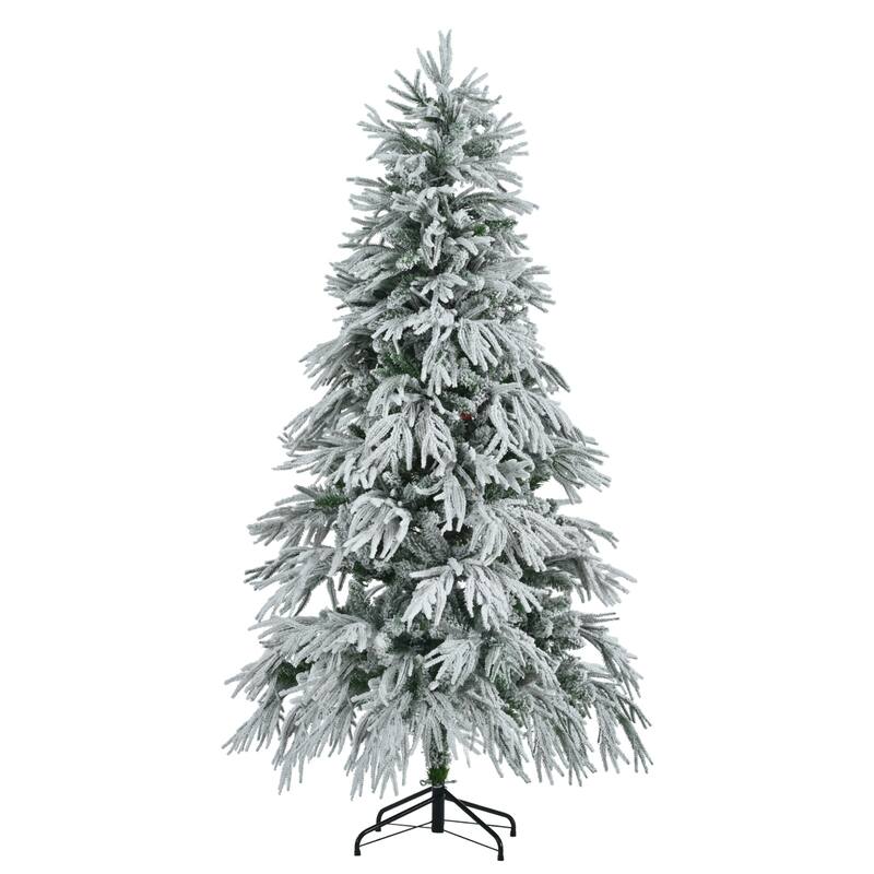 6FT/7.5FT Pre-Lit Snow Flocked Artificial Christmas Tree with LED Lights and Winter Wonderland Design for Holiday Decor