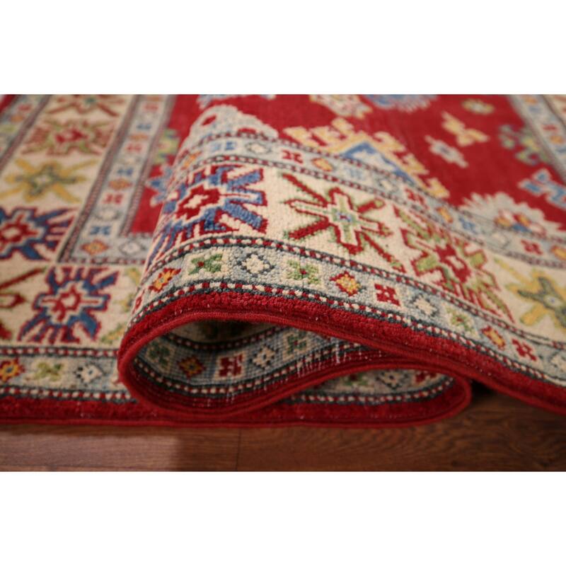 Red Traditional Geometric Kazak Accent Rug Hand-Knotted Wool Carpet - 3'1" x 5'0"