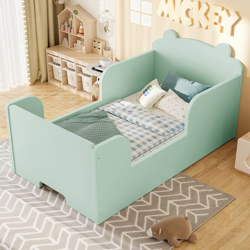 Toddler Floor Bed Frame - Bear Shape Cot Bed for Boys & Girls Ages 3-6 - Green - Twin