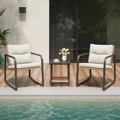 3 Pieces Rocking Wicker Bistro Set, Patio Outdoor Furniture Conversation Sets with Porch Chairs and Glass Coffee Table