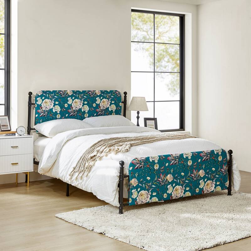 Diana Transitional 62" Floral Upholstered Platform Metal Bed Frame with Washable Slipcover by HULALA HOME