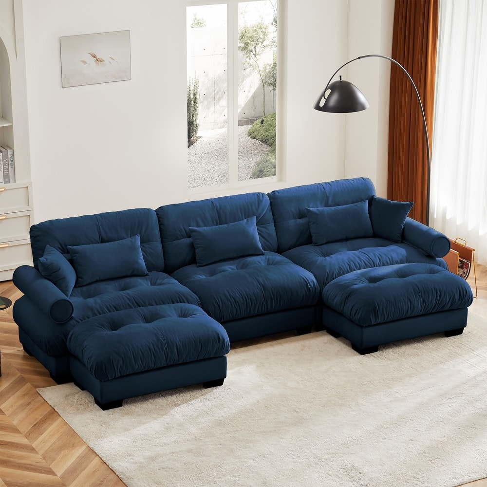 GDFStudio - Thalassia Velvet 3-Seater 130" Sofa and Dual Movable Ottomans With Pillows