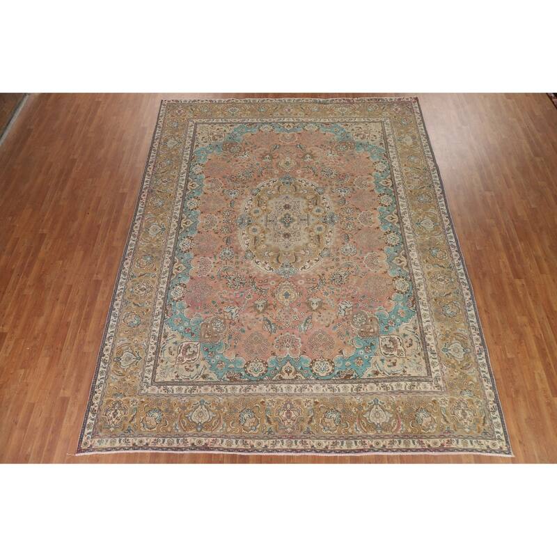 Hand Knotted Oriental 100% Wool Carpet Traditional Floral Pink Tabriz Area Rug - 12' 7'' X 9' 9''
