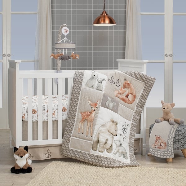 Lambs & Ivy Painted Forest Gray/Beige Fox and Bear Baby Crib Musical