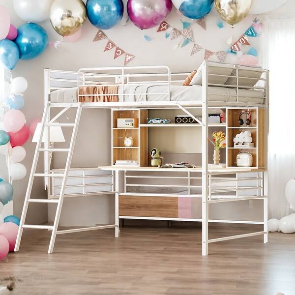 slide 2 of 26, Full Size Loft Bed Metal Frame with Desk and Shelf,Loft Bed with Ladder,With Desk And Bookshelf,White White