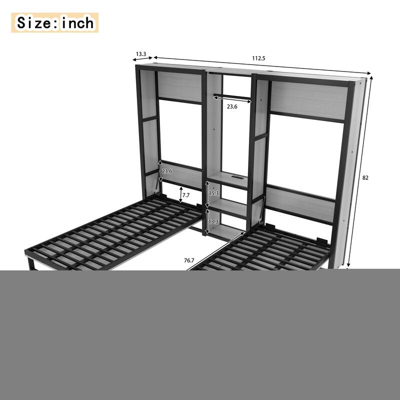 Twin Size Foldable Metal Murphy Bed with Wardrobe, Shelves, and Power Outlet, Space-Saving 2-in-1 Design