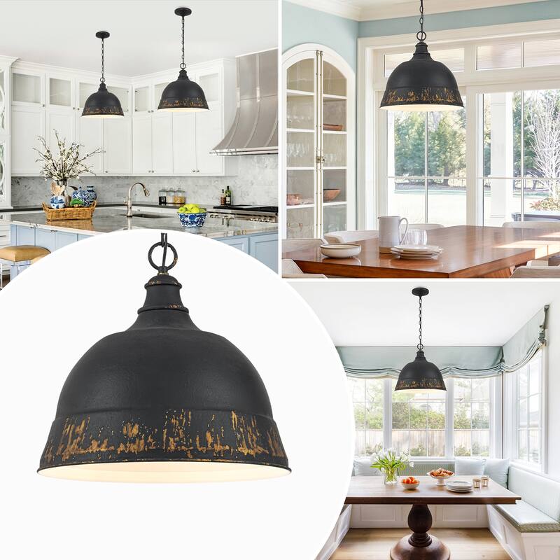 2-Light Farmhouse Pendant Light with Distressed Gold Dome Shade - 2-Lights