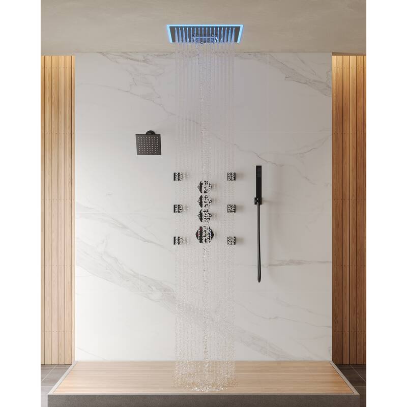 Shower Faucet Set Dual Heads with 3 Spray Modes 16" Ceiling and 6" Wall Mount Body Jets Handheld Spray LED Music