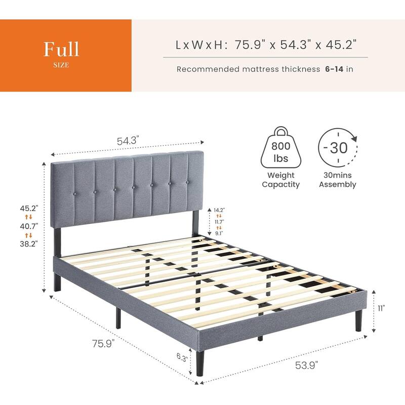 Queen Size Platform Bed Frame with Fabric Upholstered Headboard and Wooden Slats Support, No Box Spring Needed/Easy Assembly