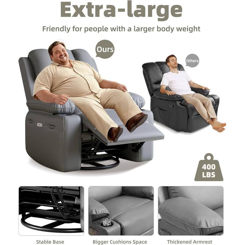 Oversized PU Recliner Sofa Chair with Heat Massage 360° Swivel and Manual Rocking Function