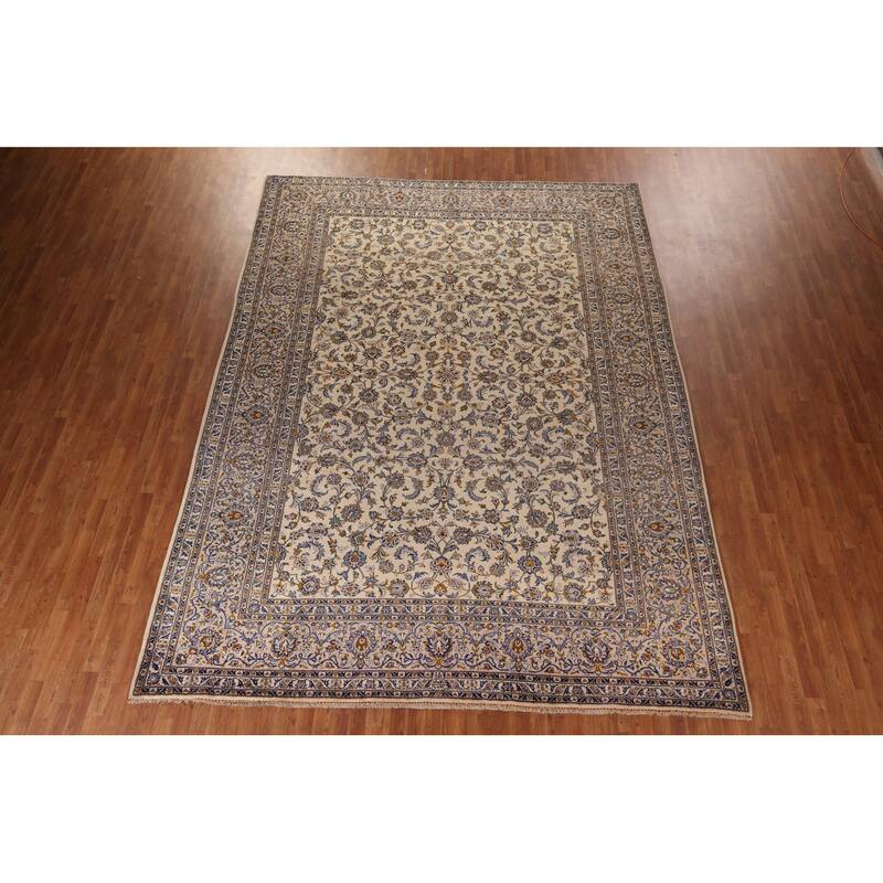 Ivory Floral Kashan Persian Vintage Area Rug Handmade Wool Carpet - 9'10"x 13'2"