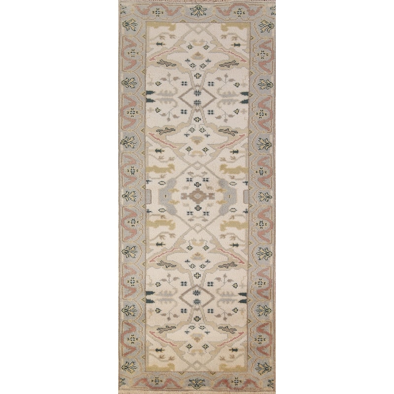 All-Over Oushak Oriental Runner Rug Hand-Knotted Wool Carpet - 2'7"x 7'10"