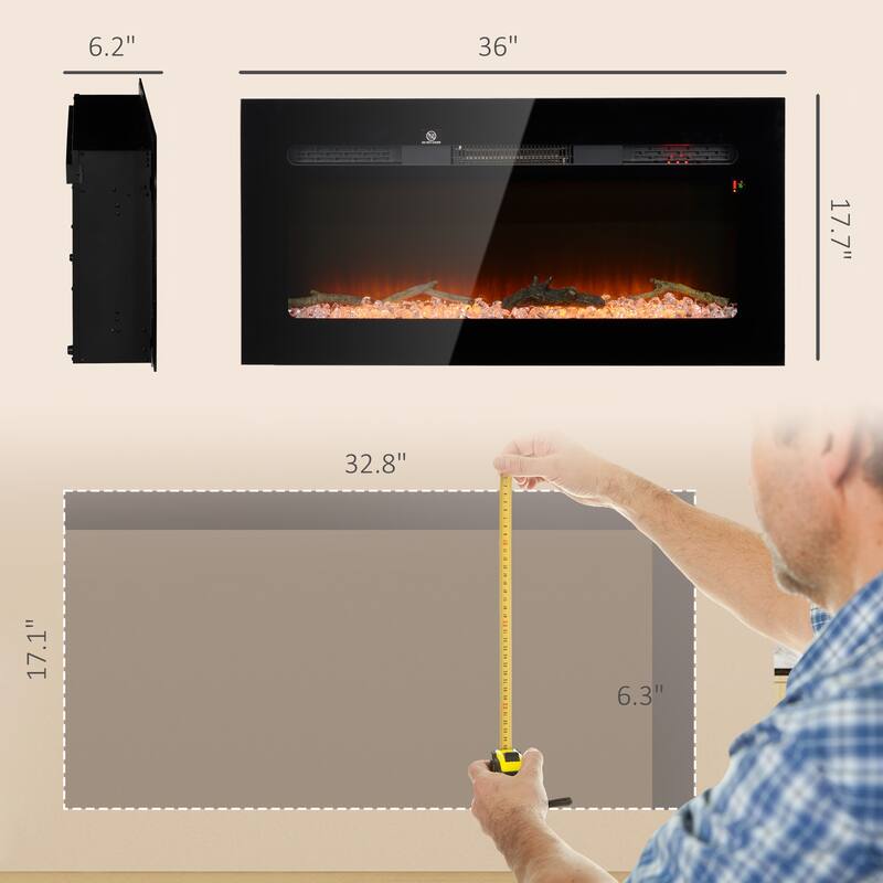 HOMCOM 36" Electric Fireplace Recessed and Wall Mounted with Remote Control, 1500W Fireplace Heater with 8H Timer