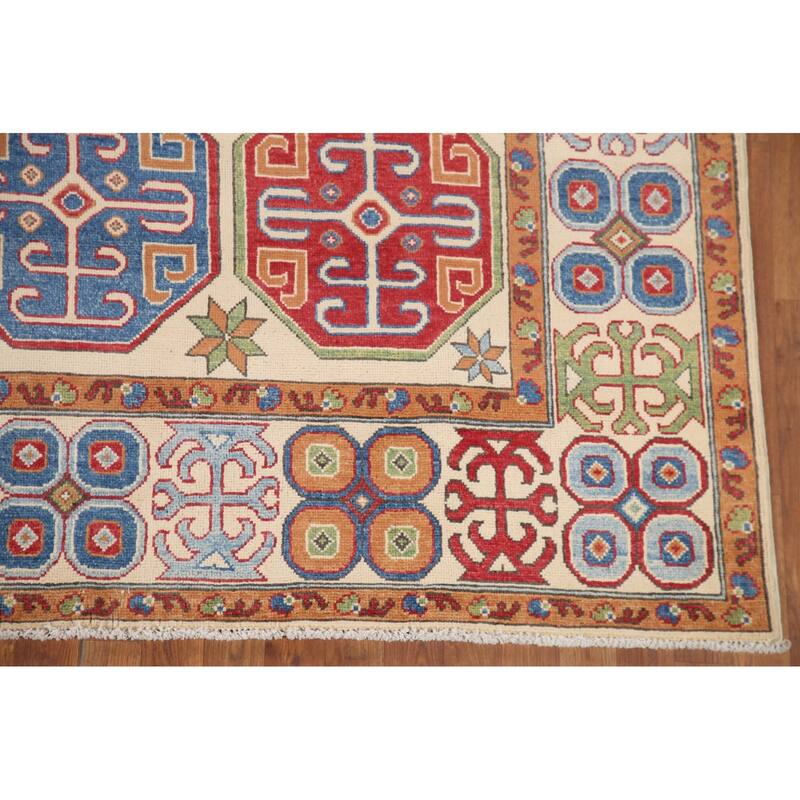 Hand Knotted Oriental 100% Wool Carpet Traditional All-Over Beige & Ivories Kazak Area Rug - 9' 11'' X 6' 8''