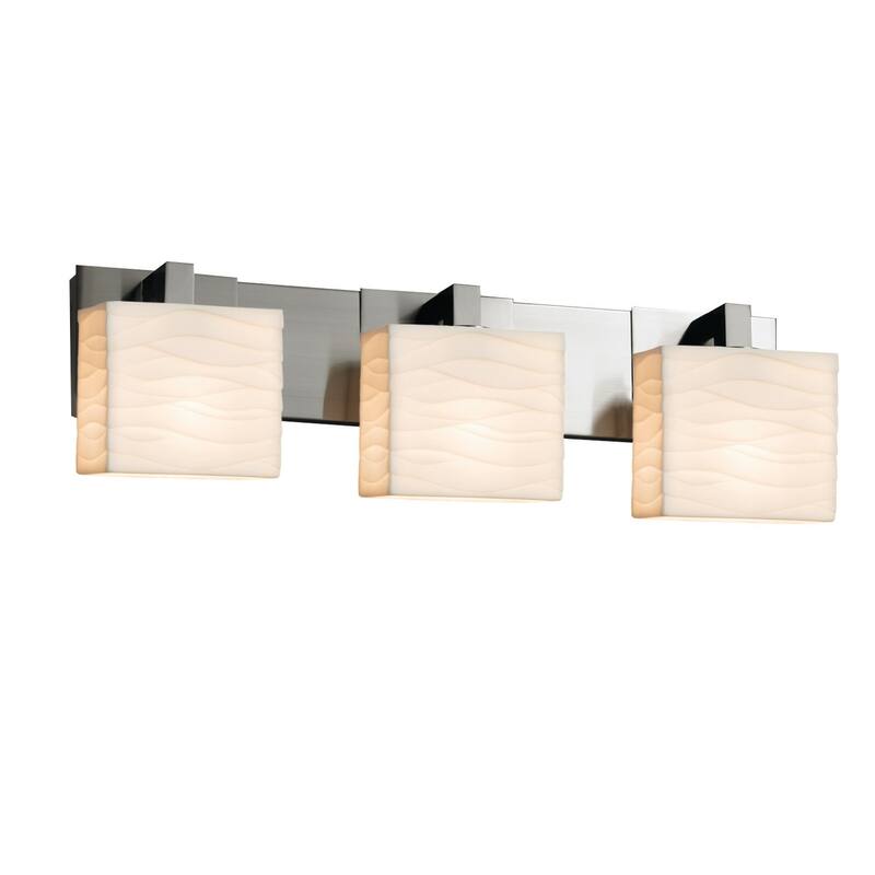 Justice Design Porcelina Modular 3-Light Brushed Nickel Bath Bar, Waves Rectangle Shade