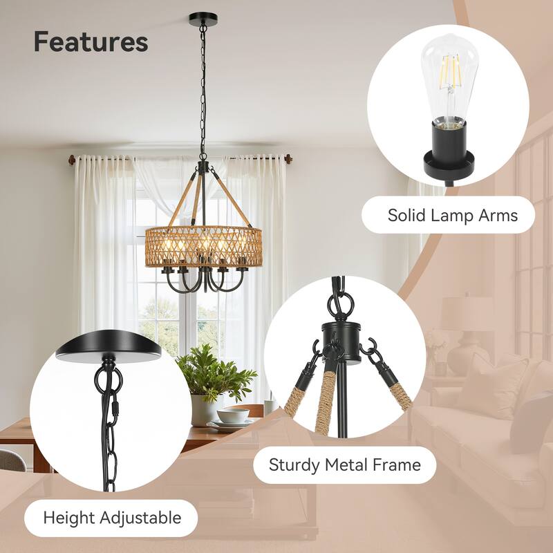 5-Light Boho Chandeliers Rattan Hand Woven Pendant Light