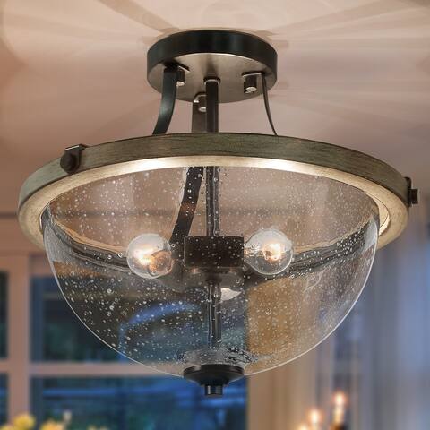 Modern Farmhouse 3-Light Faux Wood Semi-Flush Mount Bowl Glass Shade - W13.3"x H12.6"