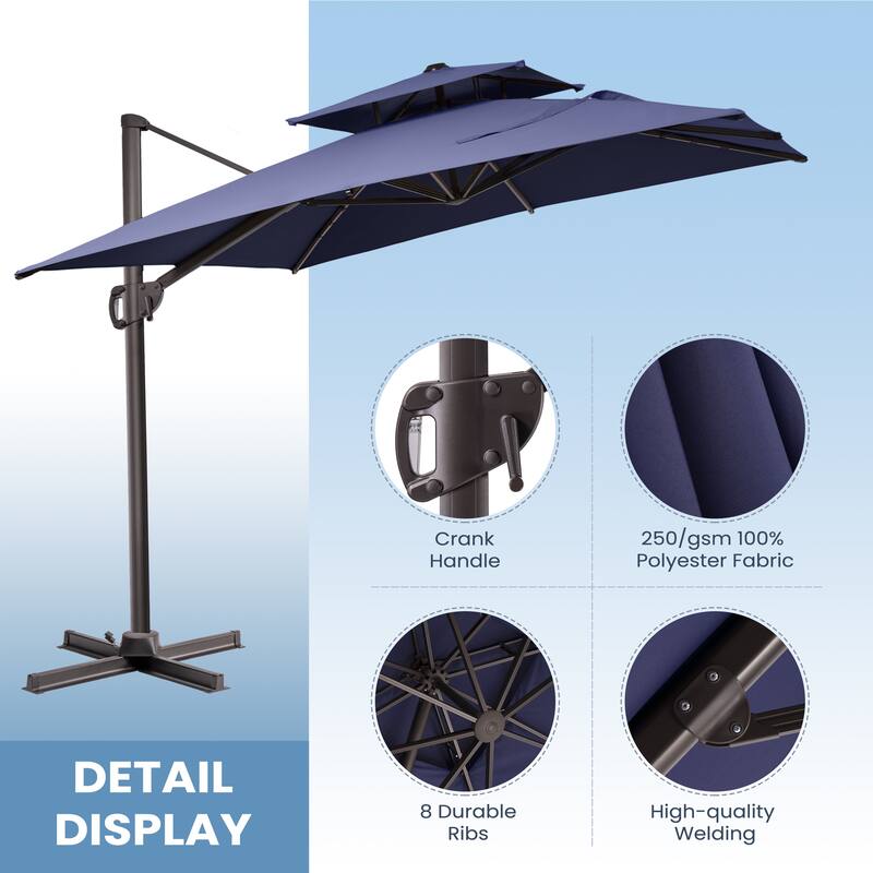10.5 ft. x 9 ft. Double top 360-Degree Rotation Cantilever Patio Umbrella with Base