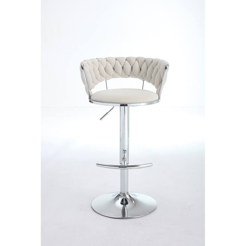 Set of 2 Bar Stools, with Chrome Footrest and Base, Swivel, Height Adjustable Mechanical Lifting, Velvet Upholstered