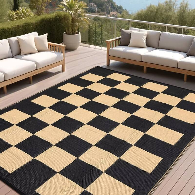 Outdoor Rug Checkerboard Geometric Plaid Pattern, Waterproof Plastic Straw Rug, UV Resistant Foldable Outdoor Rug - 9'x18' - Black Coffee