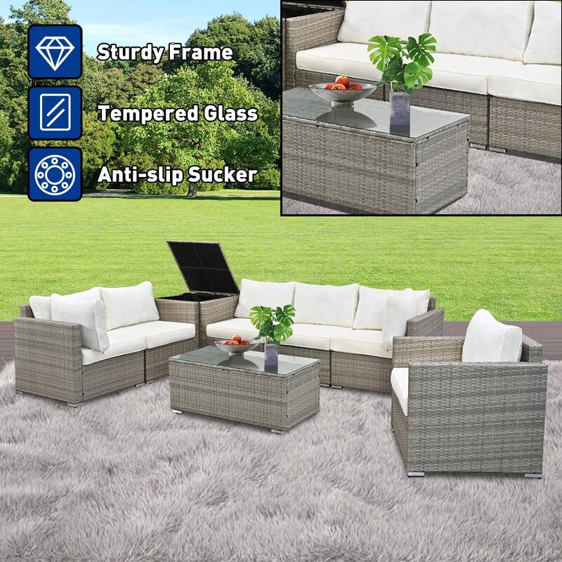 8-Pieces Wicker Outdoor Sectional Set with Glass Coffee Table and Cushions