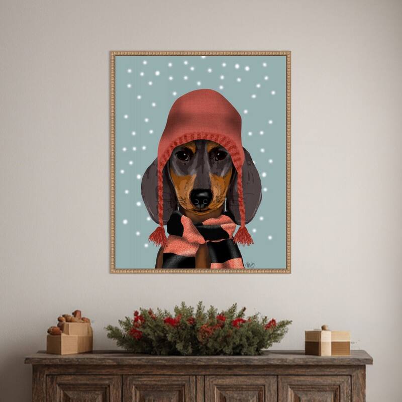 Dachshund With Woolly Hat and Scarf by Fab Funky (23 x 28 in.), Framed Canvas Wall Art Print - Sylvie Beaded Rustic Natural