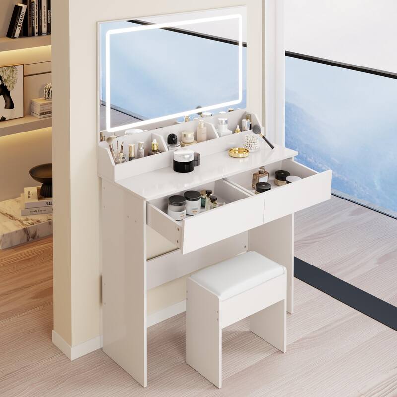 31" x 20" Extra Large LED Mirror Makeup Vanity Table with Stool, Touch Control, Adjustable Brightness & Storage