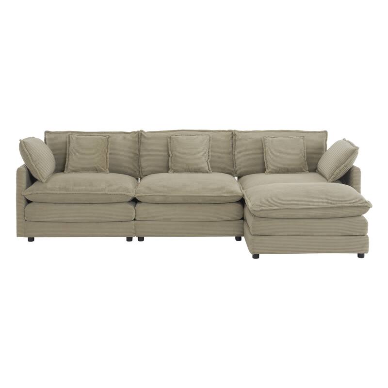 Sectional Sofa with Movable Ottoman Corduroy L-Shaped Upholstered Deep Seat Couch with Lumbar Pillows and Side Pockets
