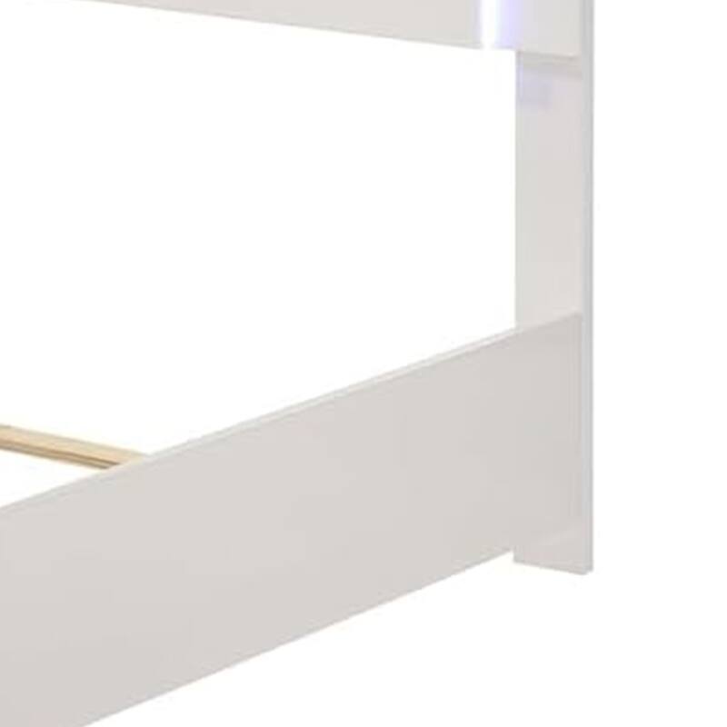 Suni Queen Size Bed w LED on Headboard, White Wood Frame, Chrome Legs