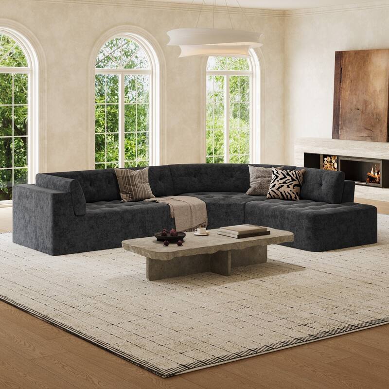 119.3" Curved L-Shaped Chenille Sectional Sofa, No Assembly Required - Grey