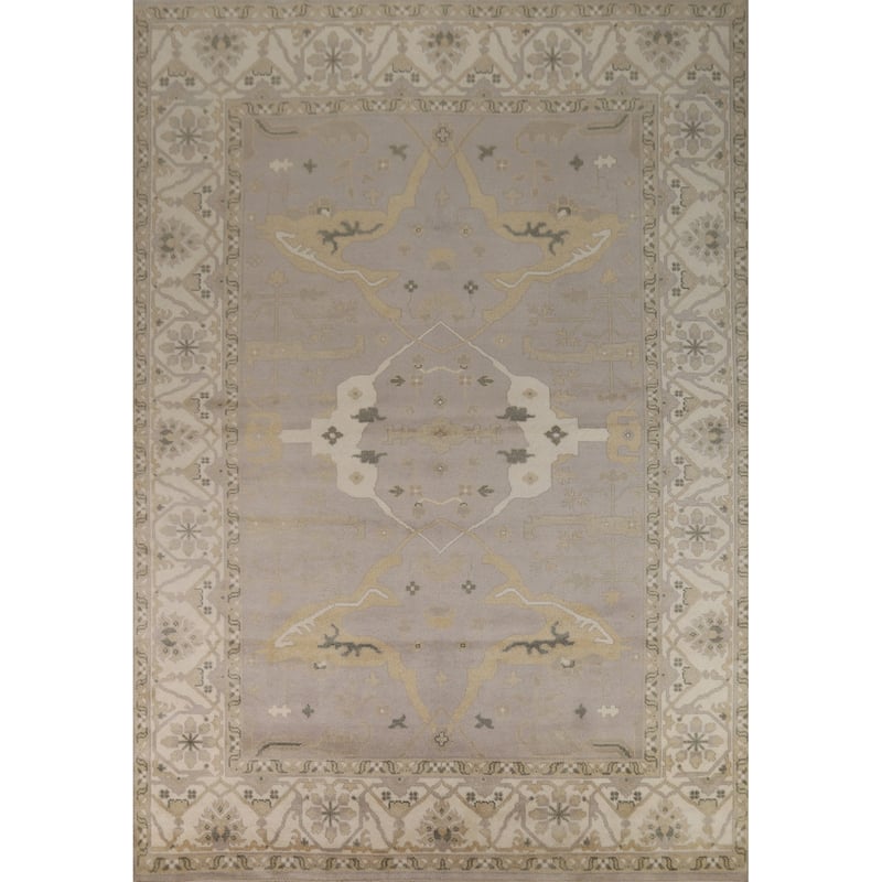 Earth Tone Oushak Indian Area Rug Handmade Beige Wool Carpet - 8'11" x 11'10"