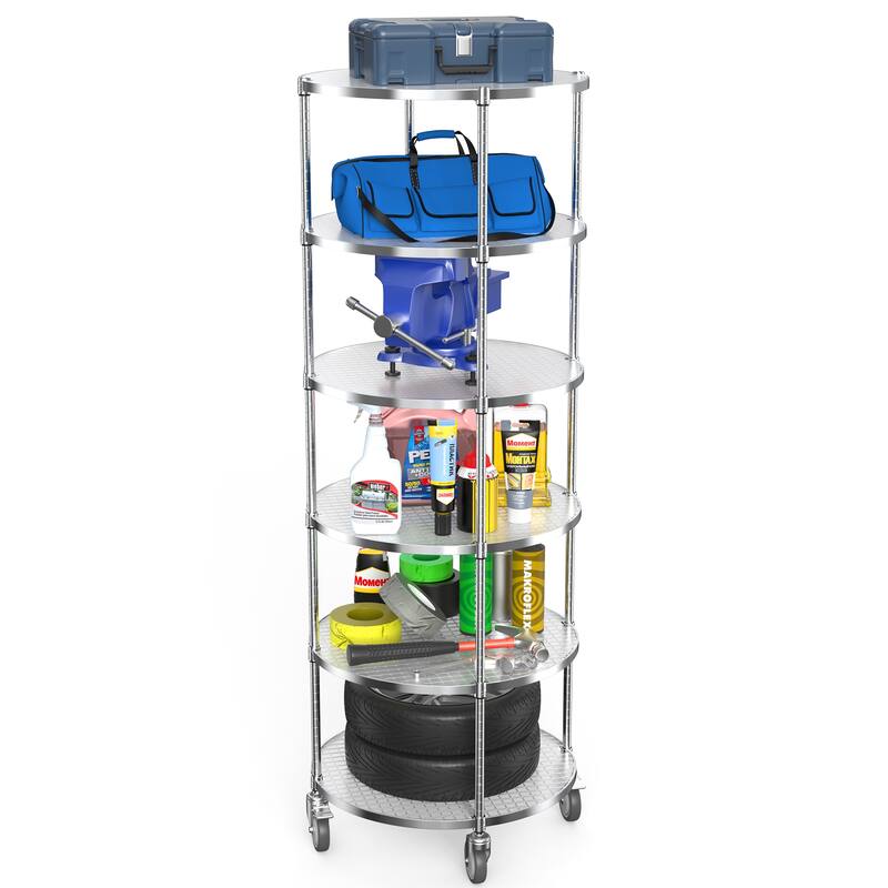 6-layer circular shelf with wheels,White/Black/Silver - 6 Tier - Silver