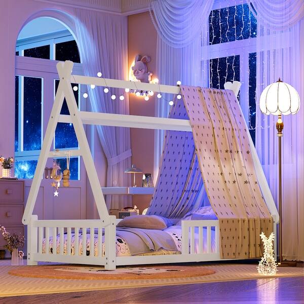 slide 2 of 20, Twin size House Bed with Fence and Roof,Kids Bed with Versatile Design White